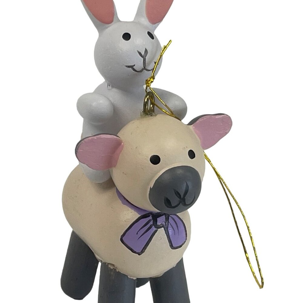 Handcrafted Wooden Rabbit Riding Sheep Ornament Tall Pastel Colors Vintage